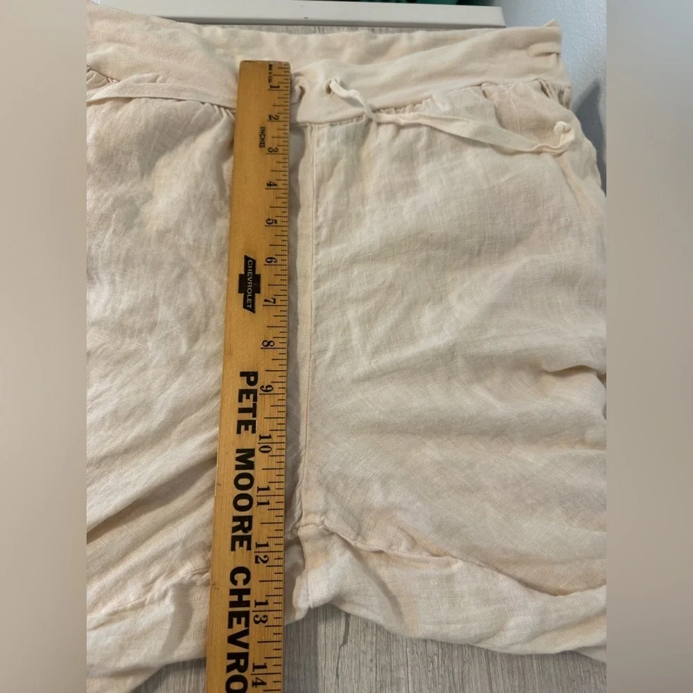 Flax Pull On Linen Pants Cropped Split Hem Drawstring Waist Lagenlook Cream Sml - Picture 6 of 10